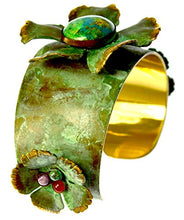 Load image into Gallery viewer, Verdigris Patina Sculptural Flowers Tapered Cuff - Chrysocolla
