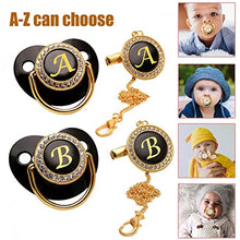 Load image into Gallery viewer, Black Gold Pink Bling-Bling Baby Pacifier and Clips with Rhinestones, 26 Letter Initials Personalized Baby Pacifier Clip Infant Nipple Newborn Pacifier BPA Free Silicone, Gift for Baby Newborn