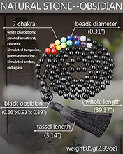 Load image into Gallery viewer, Lightock 108 Mala Beads with 7 Chakra Necklaces Black Obsidian Fox Necklace Healing Gemstone Meditation 8mm Mala Beaded Tassel Handmade Knotted