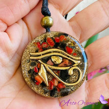 Load image into Gallery viewer, Orgone Pendant, Eye of Horus, Black Tourmaline Healing Crystals and Stones Amulet of Protection - SBB Coil Orgonite Necklace Onyx, Pyrite, Coral - Yoga Meditation Reiki, Handmade, Arte Orgones