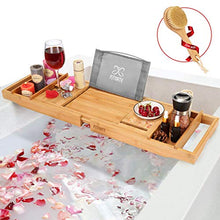 Load image into Gallery viewer, FITNATE Luxury Bathtub Tray, Wooden Bathtub Tray with Extendable Sizes, Adjustable, Non-Slip & Durable, Bathtub Tray Caddy with Wooden Body Brush,Wine Glass Slot, Phone Tray, Book Holder