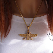 Load image into Gallery viewer, Asoodehdelan Large Double Sided Gold Pt Farvahar Necklace Iranian Gift Persian Iran Faravahar (18" Chain)