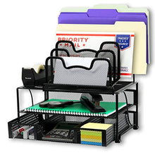 Load image into Gallery viewer, SimpleHouseware Mesh Desk Organizer with Sliding Drawer, Double Tray and 5 Stacking Sorter Sections, Black