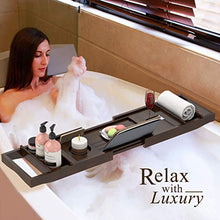 Load image into Gallery viewer, Domax Bathtub Caddy Tray Expandable Bamboo Bath Tub Tray for Luxury Bath with Book Holder and Free Soap Dish Brown