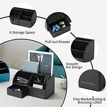 Load image into Gallery viewer, Office Desk Organizer with Drawer, PU Leather Office Supplies Caddy with Pencil Holder and Storage Baskets for Desktop Accessories, 6 Compartments with Drawer, Black