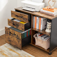 Load image into Gallery viewer, VASAGLE Industrial 3-Drawer File Cabinet, Mobile Lateral Filing Cabinet with Open Compartments, for A4, Letter Sized Documents, Printer Stand, Rustic Brown and Black UOFC041B01