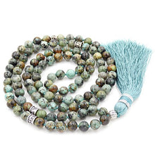 Load image into Gallery viewer, Malahill mala Beads Necklace for Women Man, mala Bracelet, Prayer Beads Necklace, African Turquoise Tassel Necklace