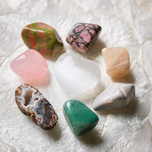 Load image into Gallery viewer, Crystalya Premium Grade Crystals and Healing Stones in Wooden Box for Fertility, New Moon, Meditation - Rose Quartz, Unakite, Rhodonite, Moonstone, Occo Geode, Selenite, Gemstones + Info Guide