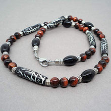 Load image into Gallery viewer, Mens Tribal Style Necklace - Carved Bone, Black Onyx, Red Tiger Eye Gemstone 18-22 inch, Handcrafted