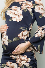 Load image into Gallery viewer, My Bump Women's Maternity Dress - Printed Fitted Stretch Bell Sleeve W/Ruched, Navy SKAC Medium