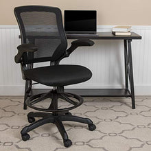 Load image into Gallery viewer, Flash Furniture Mid-Back Black Mesh Ergonomic Drafting Chair with Adjustable Foot Ring and Flip-Up Arms