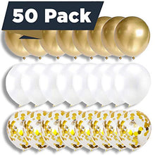 Load image into Gallery viewer, 50 Pieces Gold, White and Gold Confetti Balloons | PREFILLED 14 Inch Latex, Metallic, Confetti Balloons for Party, Decorations, Wedding & Bridal (with Ribbon)
