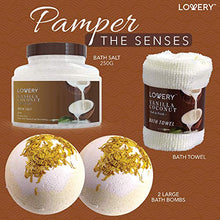 Load image into Gallery viewer, Bath and Body Gift Basket For Women and Men – 9 Piece Set of Vanilla Coconut Home Spa Set, Includes Fragrant Lotions, Extra Large Bath Bombs, Coconut Oil, Luxurious Bath Towel & More