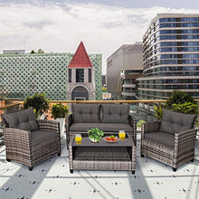 Load image into Gallery viewer, Tangkula 4 PCS Patio Wicker Conversation Furniture Set, Outdoor Rattan Sofa Set with Padded Cushion & Tempered Glass Coffee Table, Wicker Sectional Sofas & Table for Courtyard Balcony Garden (1, Grey)