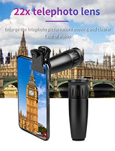 Load image into Gallery viewer, Phone Camera Lens Phone Lens 22X Telephoto Lens, 4K HD 0.67X Super Wide Angle Lens&25X Macro Lens, 205° Fisheye Lens, Work as Telescope with Metal Tripod
