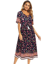 Load image into Gallery viewer, Arach&Cloz Women's Boho Tie Neck Printed Short Sleeve Floral Summer Loose Tassels Casual Midi Dress with Pockets (Floral03,XL)
