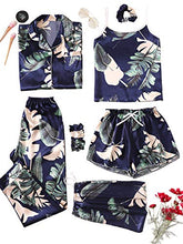 Load image into Gallery viewer, SheIn Women's 7pcs Pajama Set Cami Pjs with Shirt and Eye Mask Navy Tropical Medium