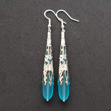 Load image into Gallery viewer, Handmade jewelry from Hawaii,"long teardrop" Turquoise Bay blue sea glass earrings,"December Birthstone", (Hawaii Gift Wrapped, Customizable Gift Message)