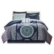 Load image into Gallery viewer, Intelligent Design Loretta Ultra Soft Brushed Microfiber Bohemian Boho Medallion Comforter and Sheet Set Bag Bedding, Queen, Navy 9 Piece