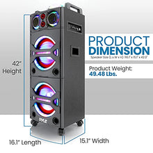 Load image into Gallery viewer, Pyle Portable Bluetooth PA Speaker System - 2000W Active powered Outdoor Bluetooth Speaker Portable PA System w/ Microphone In, Party Lights, USB SD Card Reader, AUX/RCA/FM Radio, Wheels - PSUFM1043BT