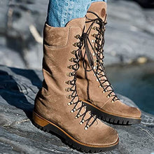 Load image into Gallery viewer, Fullwei Boots for Women,Women Platform Cowboy Boot Steel Toe Ladies Mid Calf Combat Western Lace Up Cowgirl Motorcycle Riding Boot Walking Shoe (Khaki, 8.5)