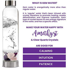 Load image into Gallery viewer, Crystal Water Bottle Elixir Set | Includes Authentic Amethyst & Clear Quartz Crystals And Healing Stones | Black Neoprene Sleeve | Drink Gem Infused Water On The Go