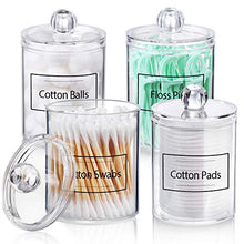 Load image into Gallery viewer, AOZITA 4 Pack Qtip Holder Dispenser for Cotton Ball, Cotton Swab, Cotton Round Pads, Floss - 10 oz Clear Plastic Apothecary Jar Set for Bathroom Canister Storage Organization, Vanity Makeup Organizer