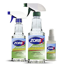 Load image into Gallery viewer, ZORBX Unscented Multipurpose Odor Eliminator Value Pack - Used in Hospitals & Healthcare Facilities | Advanced Trusted Formula | Perfect Bundle to Get Rid of Unpleasant Odors (2 Oz + 16 Oz + 32 Oz)