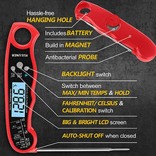 Load image into Gallery viewer, KULUNER TP-01 Waterproof Digital Instant Read Meat Thermometer with 4.6” Folding Probe Backlight & Calibration Function for Cooking Food Candy, BBQ Grill, Liquids,Beef(Red)