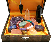 Load image into Gallery viewer, Crystal Chakra Healing Gift/Balancing Chakra Crystal Set:7 Tumbled Stones,Amethyst Cluster,Raw Rose Quartz,Clear Crystal Wand,Obsidian Crystal Point,Pendulum,Chakra Bracelet,for Meditation,Decoration