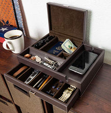 Load image into Gallery viewer, HOUNDSBAY Admiral Big Dresser Valet Box & Mens Jewelry Box Organizer with Large Smartphone Charging Station (Dark Brown)