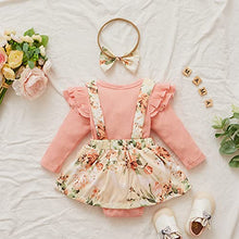 Load image into Gallery viewer, Newborn Infant Baby Girl Ruffle Long Sleeve Ribbed T-Shirt Top Floral Suspender Shorts Headband Winter Clothes (Pink, 0-3 Months)