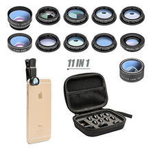 Load image into Gallery viewer, 11 in 1 Cell Phone Camera Lens Kit Wide Angle Lens & Macro Lens+Fisheye Lens+Telephoto Lens+CPL/Flow/Radial/Star/Soft Filter+Kaleidoscope Lens Compatible for iPhone Samsung Sony and Most of Smartphone