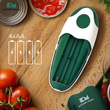 Load image into Gallery viewer, Kitchen Mama Electric Can Opener 2.0: Upgraded Blade Opens Any Can Shape - No Sharp Edge, Food-Safe, Handy with Lid Lift, Battery Operated Handheld Can Opener (Alpine Green)