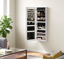 Load image into Gallery viewer, SONGMICS Jewelry Cabinet Armoire, Lockable Wall-Mounted Storage Organizer Unit with 2 Plastic Cosmetic Storage Trays, Full-Length Frameless Mirror, for Necklace Earring, White UJJC001W01