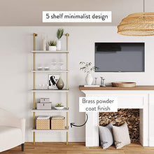 Load image into Gallery viewer, Nathan James Theo 5-Shelf Modern Bookcase, Open Wall Mount Ladder Bookshelf with Industrial Metal Frame, White/Gold