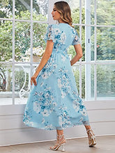 Load image into Gallery viewer, Simplee Women Boho Floral Maxi Dress Flowy Casual V Neck Short Sleeve Wedding Guest Holiday Beach Long Dress (S Light Blue)