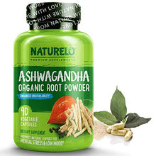 Load image into Gallery viewer, NATURELO Ashwagandha Organic Root Powder - Natural Herbs Supplement - Best for Mental Stress Relief, Mood Enhancer, Thyroid Support - with Black Pepper Extract - 90 Vegan Capsules