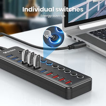 Load image into Gallery viewer, Powered USB 3.0 Hub, Wenter 11-Port USB Data Hub Splitter with 4 Smart Charging Ports and Individual LED On/Off Switches and 12V/3A Power Adapter USB Extension for Mac,Windows,Chrome & Linux OS