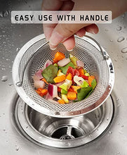 Load image into Gallery viewer, 2 Pack Kitchen Sink Strainer,4.5 inches Large Wide Rim,Germany 304 Stainless Steel Sink Drain Strainer with Handle Sink Stopper,Basket Strainer