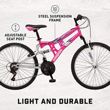 Load image into Gallery viewer, Mongoose Exlipse Full Dual-Suspension Mountain Bike for Kids, Featuring 15-Inch/Small Steel Frame and 21-Speed Shimano Drivetrain with 24-Inch Wheels, Kickstand Included, Pink