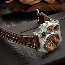 Load image into Gallery viewer, Avaner Mens Big Face Watch, Dual Time Zone Leather Strap Sport Watch, Analog Quartz Wrist Watch with Decorative Compass Thermometer Dial