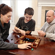 Load image into Gallery viewer, WE Games 4 Player Shut The Box Dice Board Game - Walnut Stained Wood - Large Coffee Table Size - 14 Inches, for Family and Adult Game Night Play in Classroom, Home or Bar