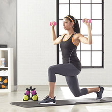 Load image into Gallery viewer, AmazonBasics Neoprene Workout Dumbbell Hand Weights, 20 Pounds Total, Pink/Purple/Green - 3 Pairs (2-Lb, 3-Lb, 5-Lb) & Weight Rack