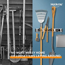 Load image into Gallery viewer, Holikme Mop Broom Holder Wall Mount Metal Pantry Organization and Storage Garden Kitchen Tool Organizer Wall Hanger for Home Goods (4 Positions with 4 Hooks, Black)