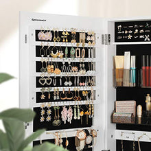 Load image into Gallery viewer, SONGMICS Jewelry Cabinet Armoire, Lockable Wall-Mounted Storage Organizer Unit with 2 Plastic Cosmetic Storage Trays, Full-Length Frameless Mirror, for Necklace Earring, White UJJC001W01