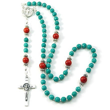Load image into Gallery viewer, Silver Inches Catholic Prayer Beads Turquoise Coral Saint Benedict Catholic Rosary with Swarovski Beads Blessed with Anointing Oil (Not a Necklace)