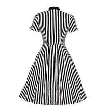 Load image into Gallery viewer, Wellwits Women's Stripes Print Tie Neck Pocket Vintage Button Down Shirt Dress M Black