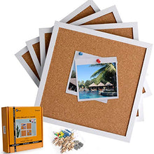Load image into Gallery viewer, Board2by Cork Bulletin Boards 12 X 12, White Framed Cork Tiles, Wall Mounted Corkboards for Walls, Small Pin Board 1/2 Inch Thick, Mini Wall Bulleting Board with 16 Push Pin Wood Clips, 4 Pack