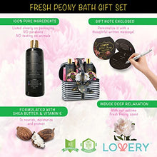 Load image into Gallery viewer, Home Spa Gift Basket, Luxury 8 Piece Bath & Body Set For Men and Women, Fresh Peony Scent - Contains Shower Gel, Bubble Bath, Lotion, Bath Salt, Body Scrub, Bath Soap, Back Scrubber & Cosmetic Bag